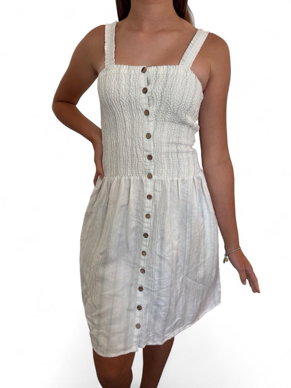 Cha Sor Smocked Button-Front Mini Dress in Cream